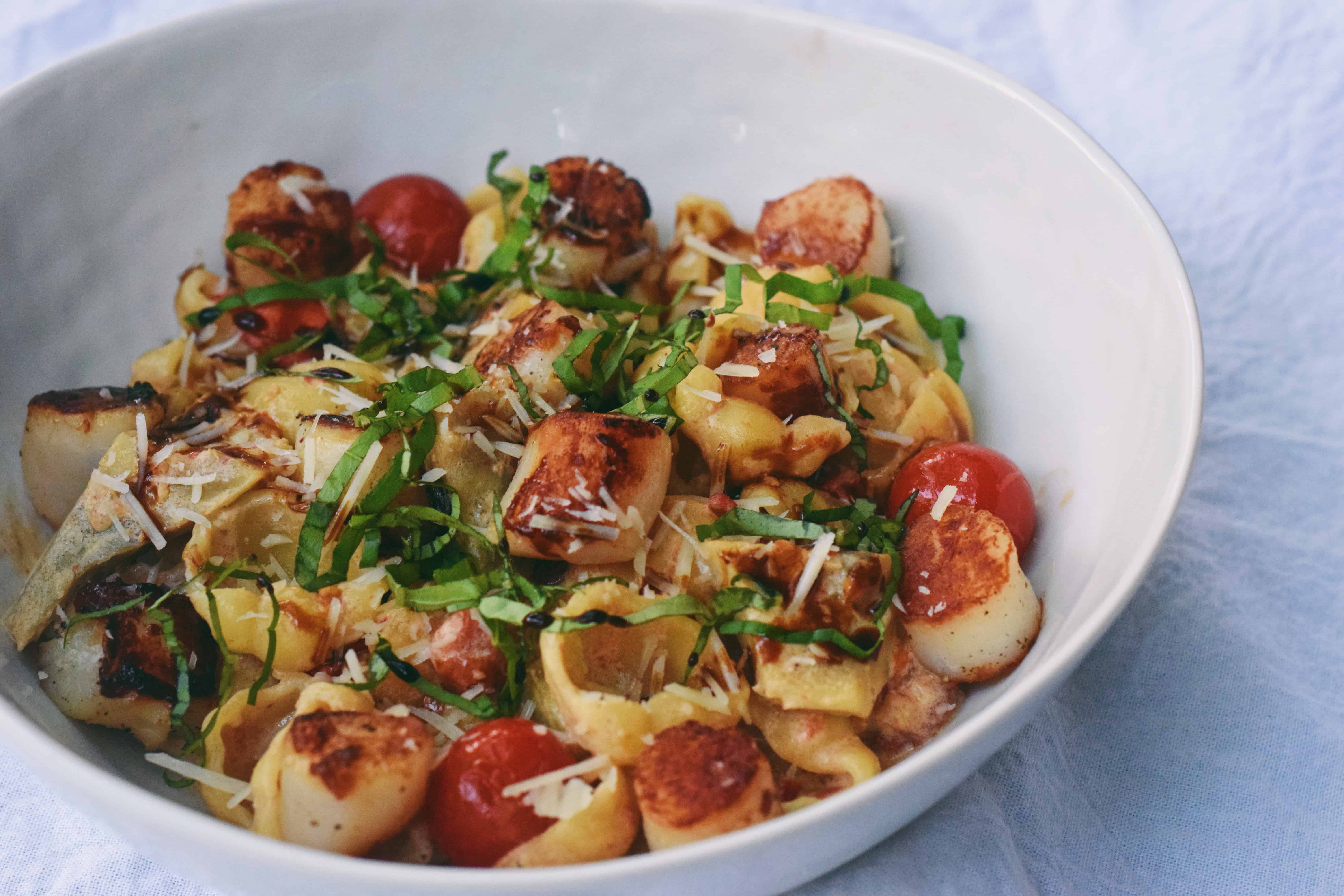 Artichoke, Goat Cheese, and Roasted Tomato Pasta with Scallops