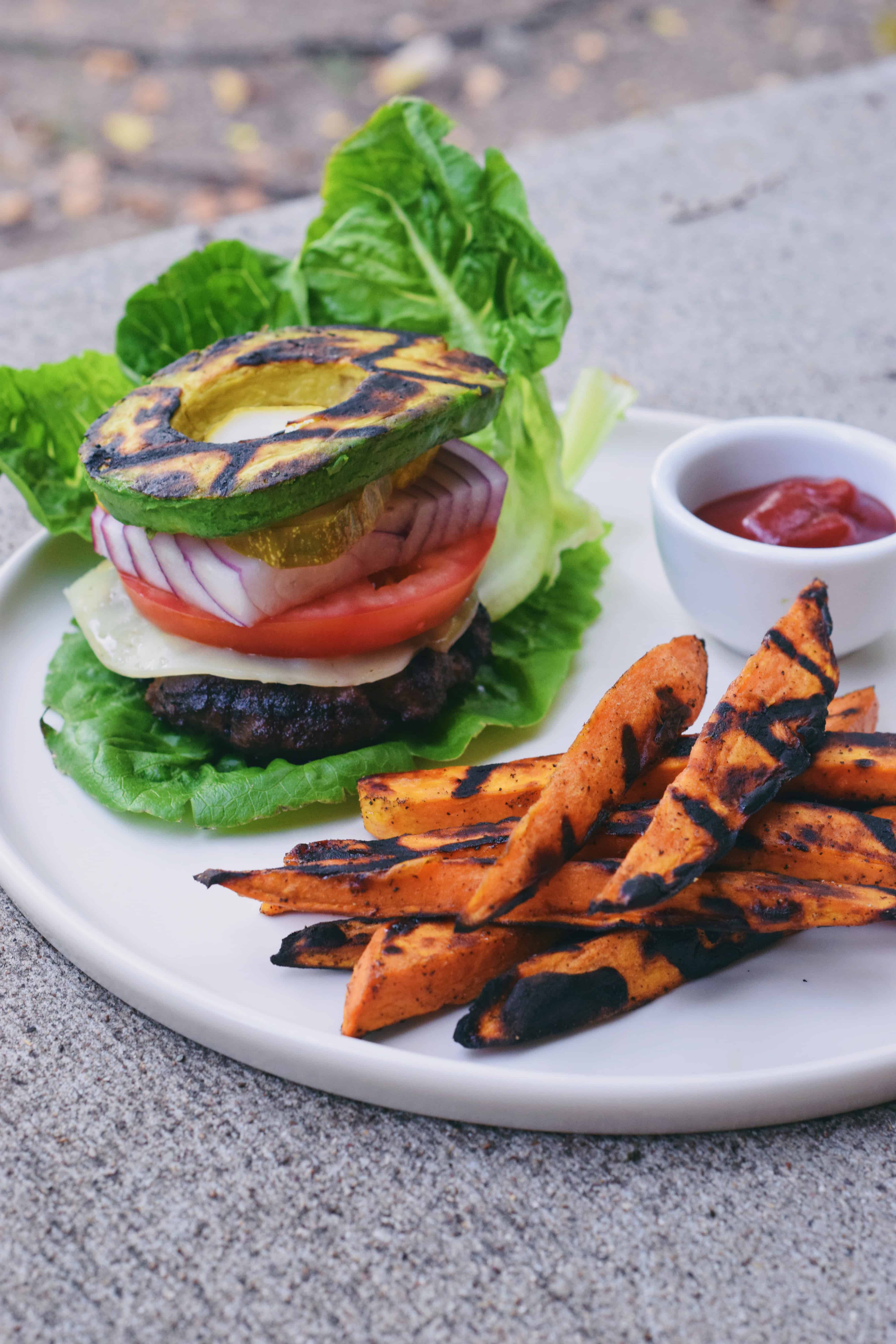 Lettuce Wrap Burgers with Grilled Avocado and Sweet Potato Fries