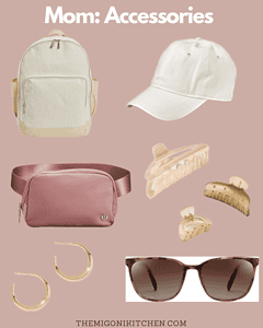 Accessories for moms: backpack, cap, sunglasses, hair clips, and jewelry.