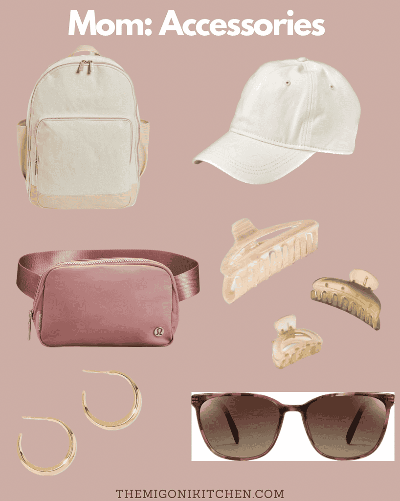 Accessories for moms: backpack, cap, sunglasses, hair clips, and jewelry.