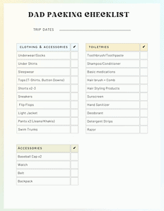 Image of a detailed toddler travel packing checklist with clothing, toiletries, and accessories.