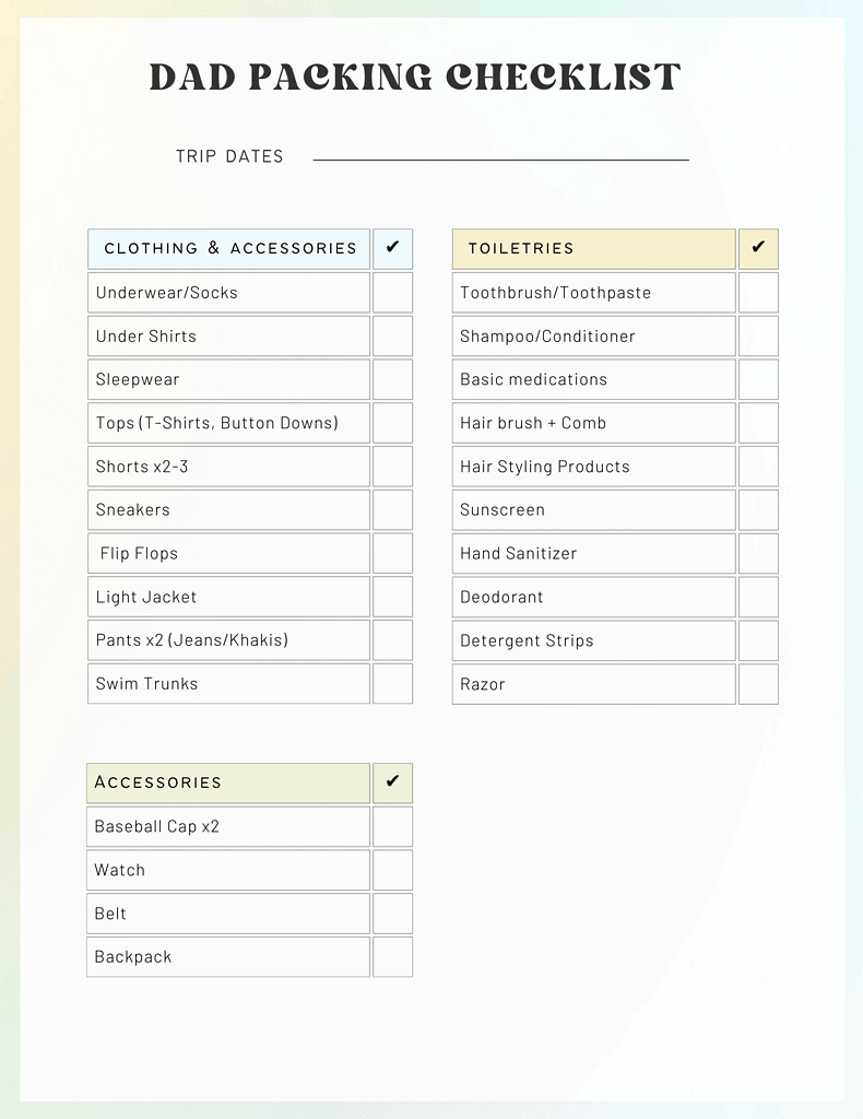 Image of a detailed toddler travel packing checklist with clothing, toiletries, and accessories.