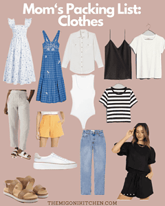 Collection of stylish summer clothes for moms including dresses, tops, shorts, and casual footwear.