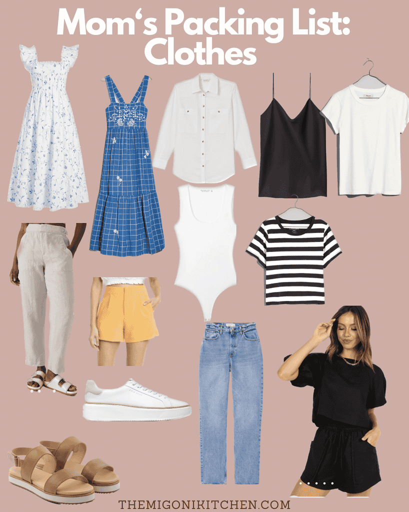 Collection of stylish summer clothes for moms including dresses, tops, shorts, and casual footwear.