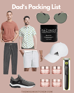 Travel essentials including sunglasses, skincare, and casual clothing for dad.
