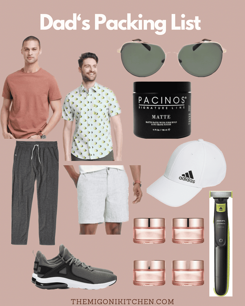 Travel essentials including sunglasses, skincare, and casual clothing for dad.