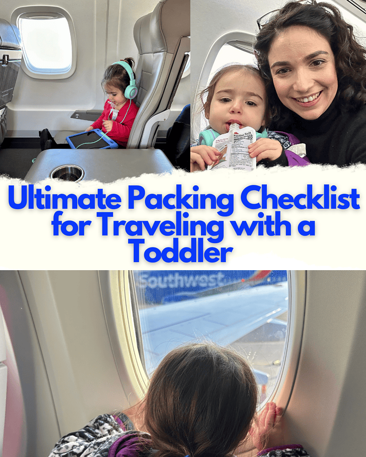 Toddler looking out airplane window with parent and child on plane.